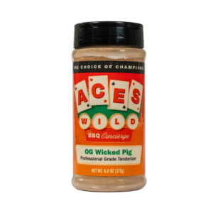Aces Wild OG Wicked Pig BBQ Rub seasoning bottle with sweet and smoky flavor