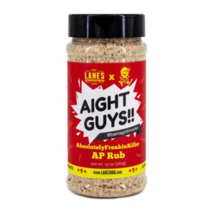 Lane’s Aight Guys!! Absolutely Freakin’ Killer AP Rub jar beside steak and grilled veggies.