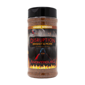 AnonymousQ Disruption Brisket & More Rub beside sliced brisket