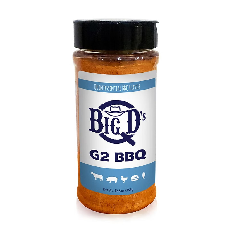 Big D’s Q G2 BBQ Rub beside smoked ribs