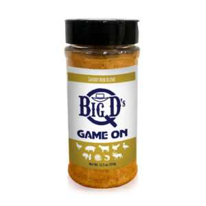 Big D’s Q Game On Seasoning beside grilled venison steak