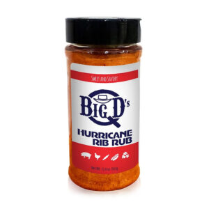 Big D’s Q Hurricane Rib Rub beside glazed BBQ ribs