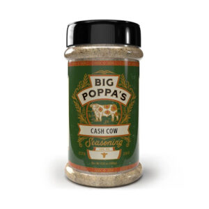 Big Poppa’s Cash Cow Seasoning bottle beside grilled brisket
