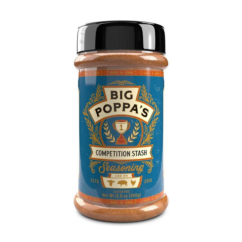 Big Poppa’s Competition Stash Seasoning beside smoked ribs