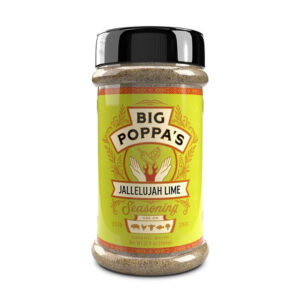 Big Poppa’s Jallelujah Lime Seasoning beside grilled shrimp tacos