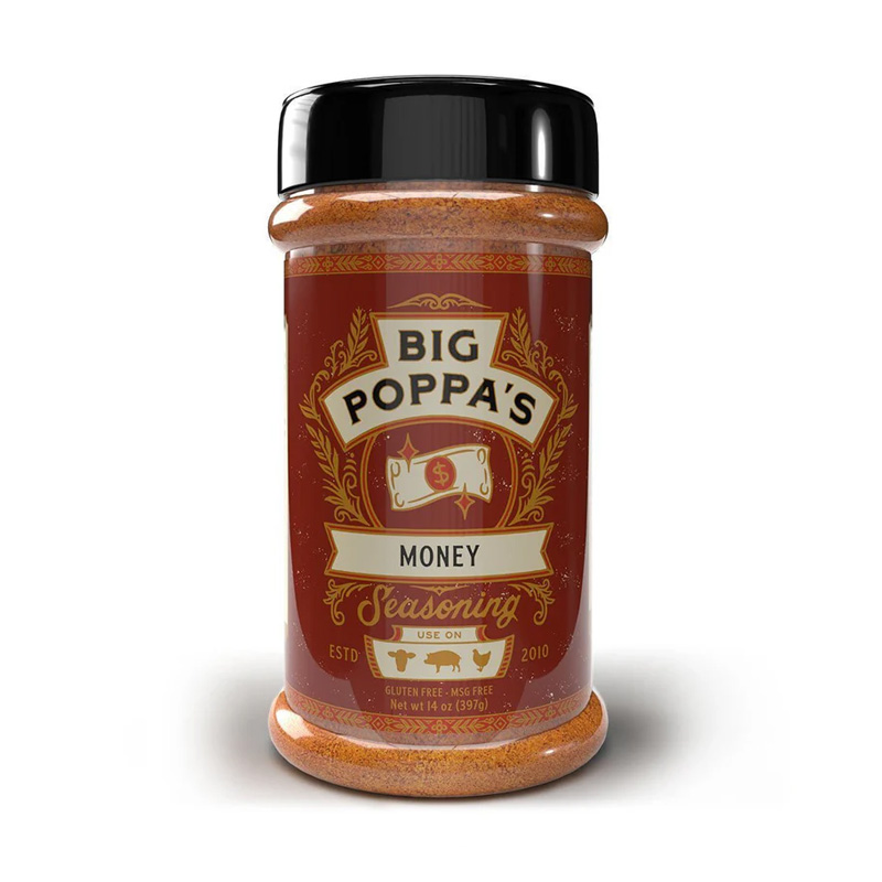 Big Poppa’s Money Seasoning beside smoked ribs