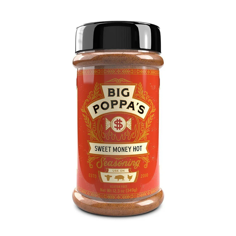 Big Poppa’s Sweet Money Hot Seasoning beside spicy ribs