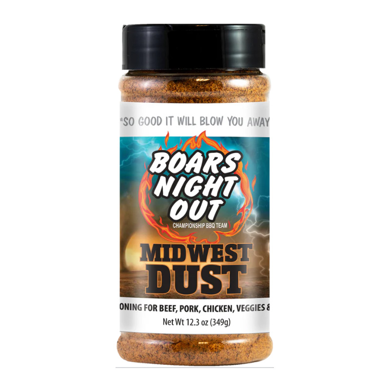 Bottle of Boar’s Night Out Midwest Dust beside smoked ribs and chicken