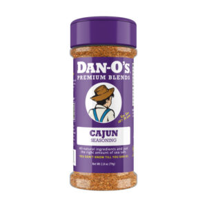 Dan-O’s Cajun Seasoning bottle with shrimp and rice.
