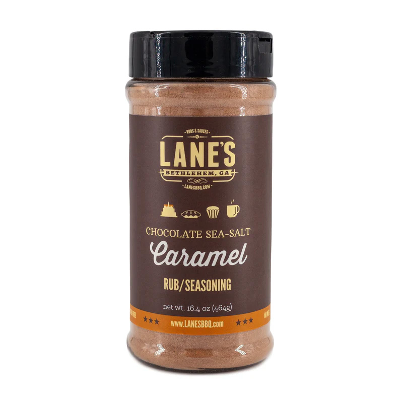 Lane’s Chocolate Sea Salt Caramel Dessert Rub jar beside brownies and sea salt flakes.