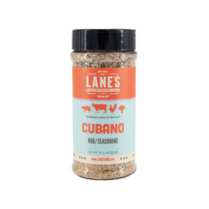 Lane’s Cubano Rub jar beside grilled pork and lime wedges.