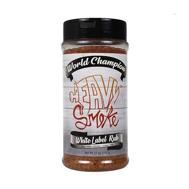 Heavy Smoke White Label Rub beside smoked ribs