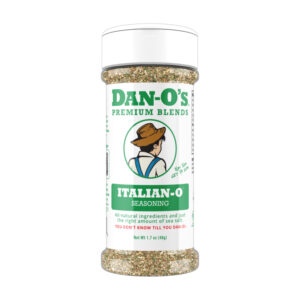 Dan-O’s Italian-O Seasoning bottle with pasta and herbs.