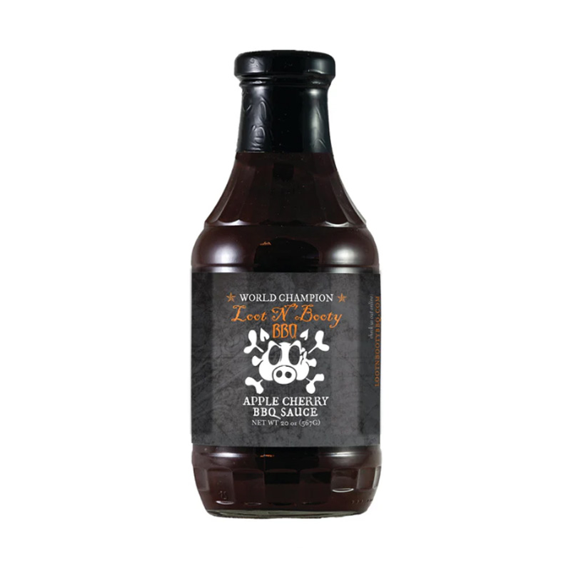 Bottle of Loot N’ Booty BBQ Apple Cherry BBQ Sauce – gluten-free, all-natural BBQ sauce with fruit-twist.