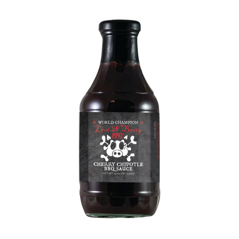 Bottle of Loot N’ Booty Cherry Chipotle BBQ Sauce 19.25 oz – sweet and smoky barbecue sauce made with cherries and chipotle peppers.