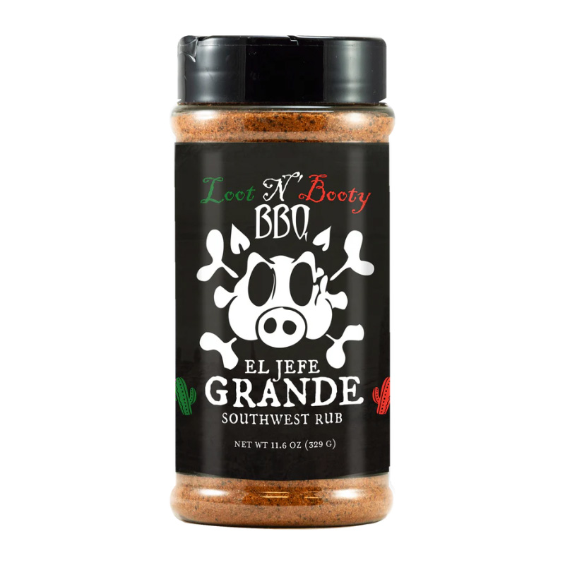 Loot N’ Booty BBQ El Jefe Grande Southwest Rub 11.6 oz bottle – Southwest-style seasoning blend featuring chili peppers, cumin, and citrus for meat, seafood, and vegetables.