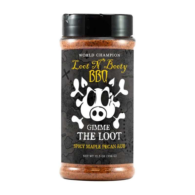 Bottle of Loot N’ Booty BBQ Gimme the Loot – Spicy Maple Pecan Rub, a sweet and spicy barbecue seasoning featuring maple and pecan flavors, with the distinctive Loot N’ Booty branding and colorful label.