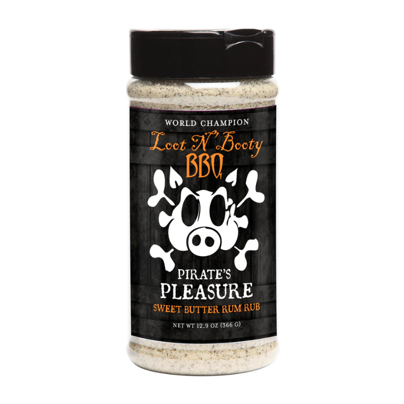 Bottle of Loot N’ Booty Pirate’s Pleasure Rub, a sweet and smoky barbecue seasoning with a pirate-themed label and signature Loot N’ Booty branding