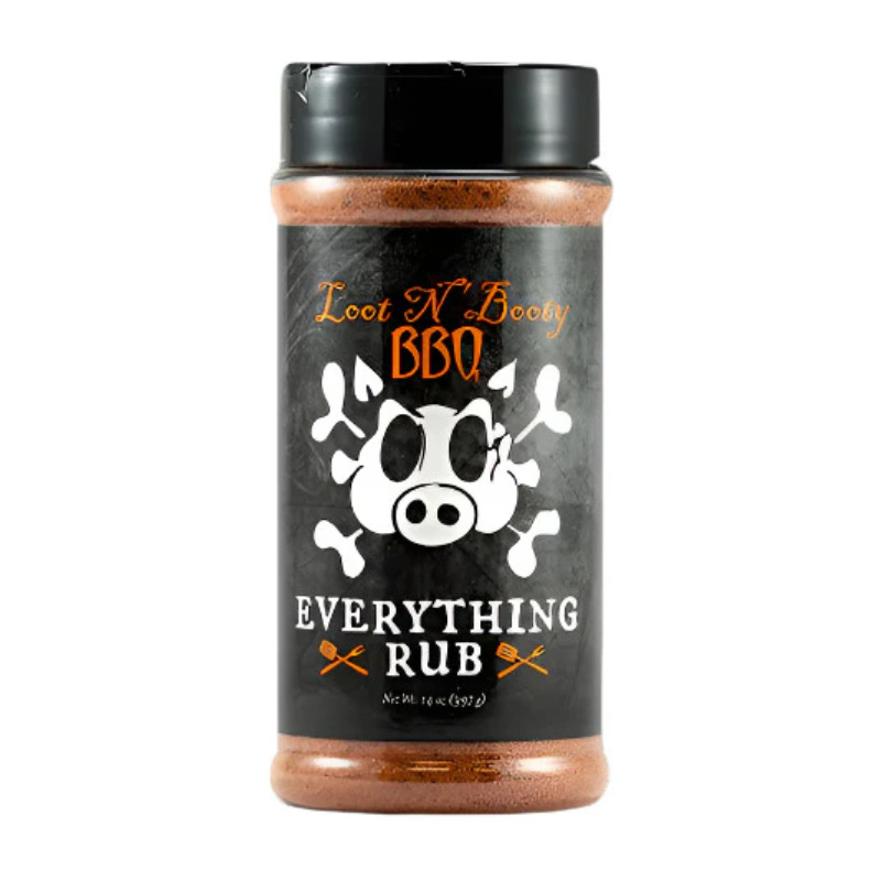 Bottle of Loot N’ Booty Everything Rub seasoning, featuring a colorful label with the brand logo and product name, designed for grilling and barbecue