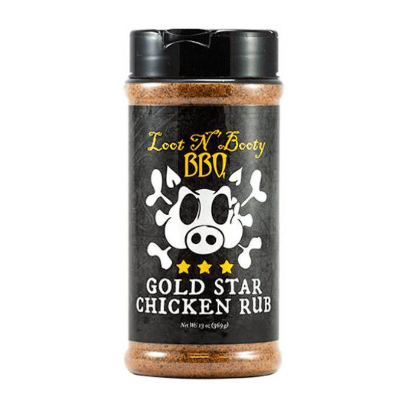 Bottle of Loot N’ Booty Gold Star Chicken Rub, a flavorful seasoning blend for chicken with a bright label featuring the Loot N’ Booty logo and gold star design