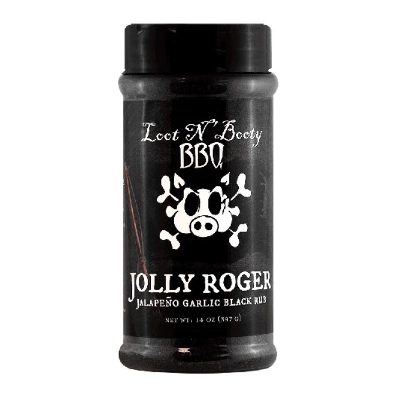 Bottle of Loot N’ Booty Jolly Roger Jalapeño Garlic Black Rub, a bold barbecue seasoning featuring jalapeño and garlic flavors, with a dark label and pirate-themed design.