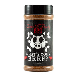 Bottle of Loot N’ Booty What’s Your Beef Rub, a savory barbecue seasoning blend for beef, featuring the signature Loot N’ Booty branding and bold label design