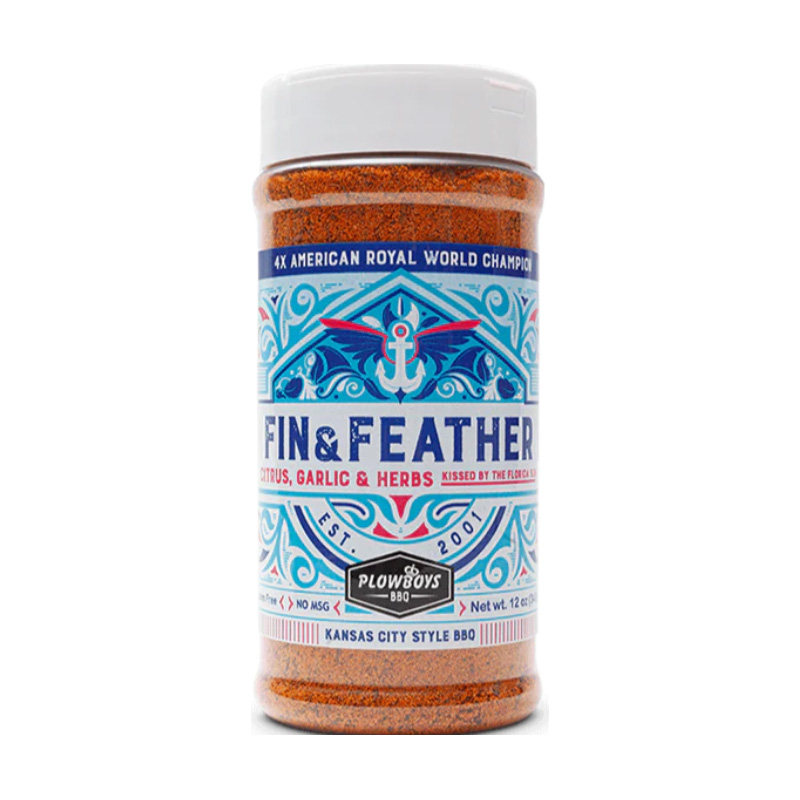 Plowboys Fin & Feather Rub – versatile BBQ seasoning blend for chicken, turkey, and seafood grilling and smoking.