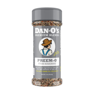 Dan-O’s Preem-O Seasoning bottle with steak and herbs.