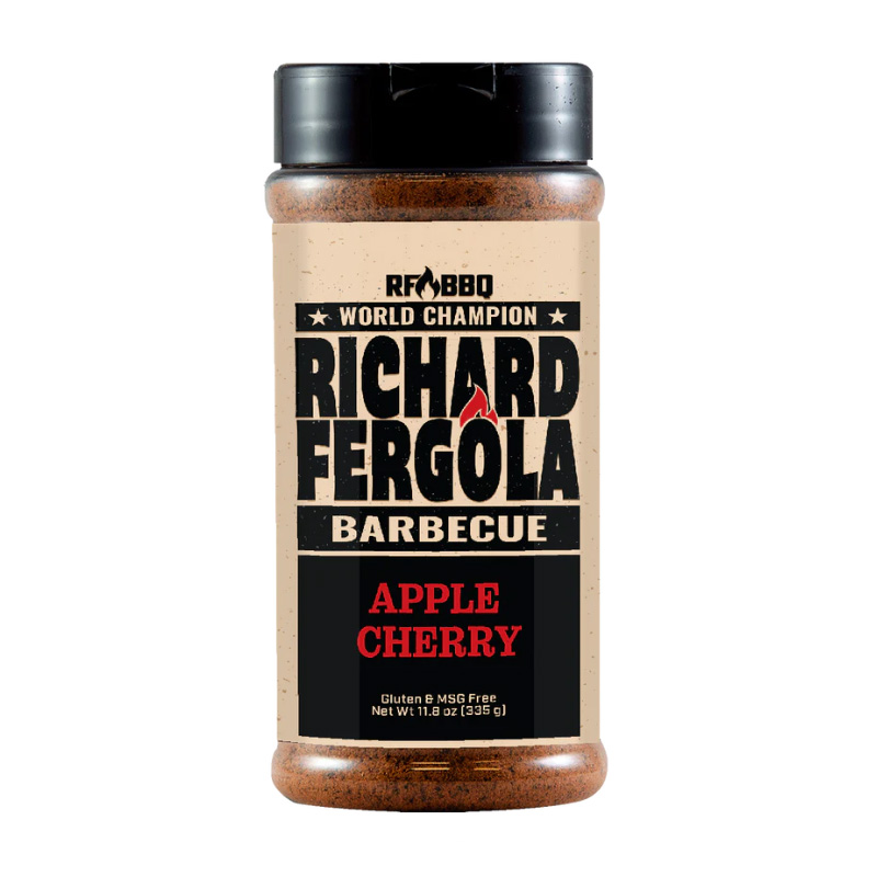 ottle of Richard Fergola BBQ Apple Cherry Rub beside glazed ribs and chicken