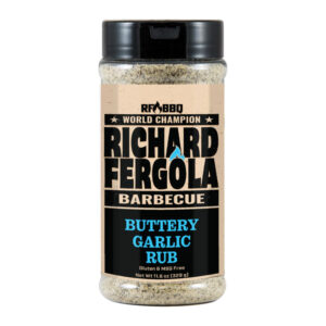 Bottle of Richard Fergola BBQ Buttery Garlic Rub beside grilled chicken and vegetables