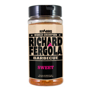 Bottle of Richard Fergola Barbecue Sweet Rub beside smoked ribs and chicken