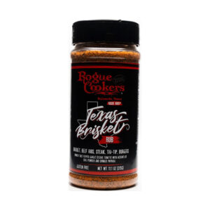 Bottle of Rogue Cookers Texas Brisket Rub beside smoked brisket slices