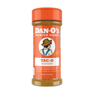 Dan-O’s Tac-O Seasoning bottle with tacos and peppers.