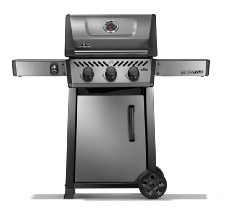 Napoleon Freestyle 365 Gas Grill with folding shelves and cast-iron grids.