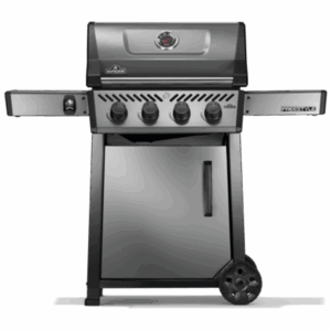 Napoleon Freestyle 425 Gas Grill in graphite grey with four burners and fold-down side shelves