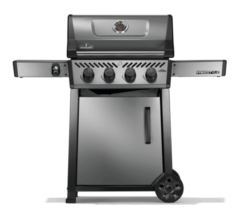 Napoleon Freestyle 425 Gas Grill in graphite grey with four burners and fold-down side shelves
