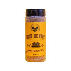 John Henry’s Apple Chipotle Rub bottle front label showing apple-wood graphics and chipotle pepper icon