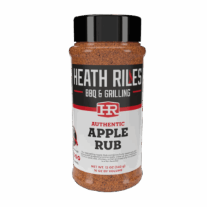 Heath Riles Apple Rub seasoning bottle with sweet apple flavor