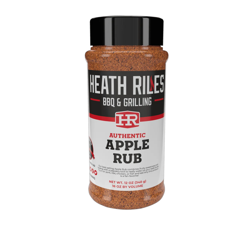 Heath Riles Apple Rub seasoning bottle with sweet apple flavor