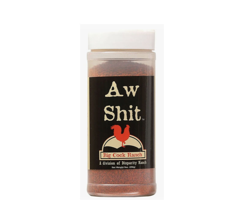 “Big Cock Ranch Aw Shit seasoning bottle with bold Southwestern label”