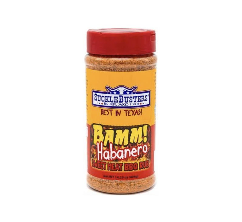 Jar of SuckleBusters BAMM! Sweet Heat Rub with label and seasoning granules of sugar and chile pepper visible