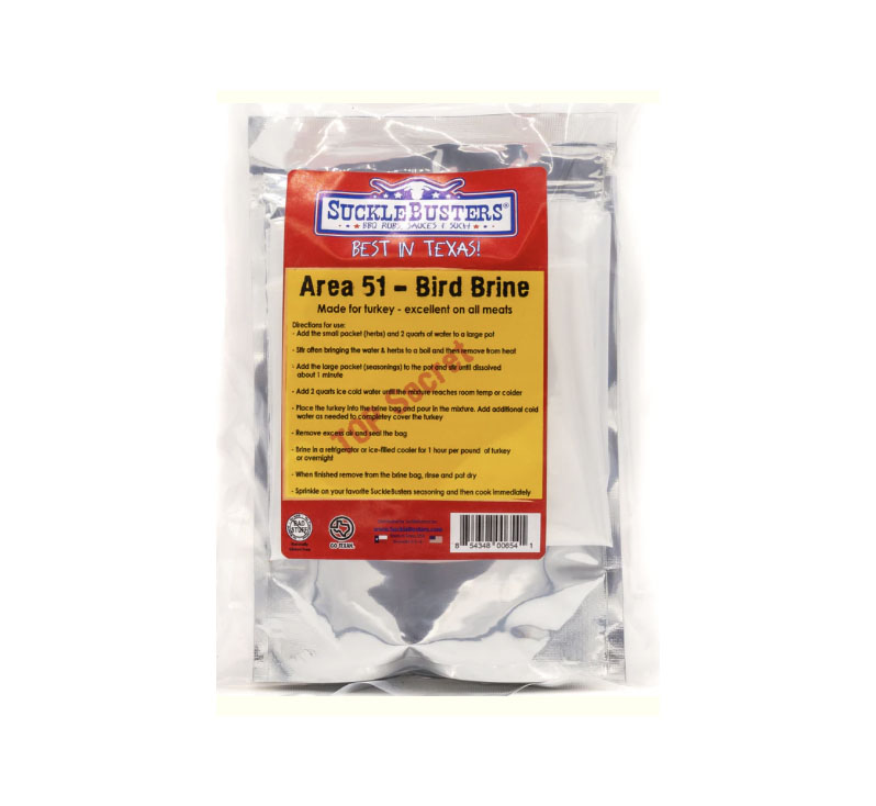 SuckleBusters Area 51 Bird Brine Kit for Turkey box showing seasoning packets and heavy-duty brine bag