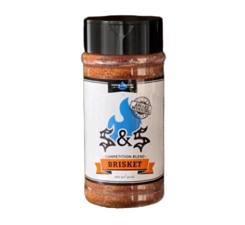 Blue Flame Brisket Rub bottle with coarse Texas-style seasoning