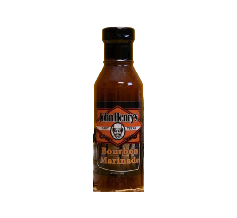 John Henry’s Bourbon Marinade bottle front label showing bourbon graphics and oak-charred flavor call-out