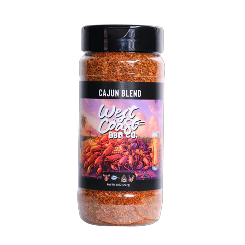 Cajun Blend bottle with grilled shrimp and sausage