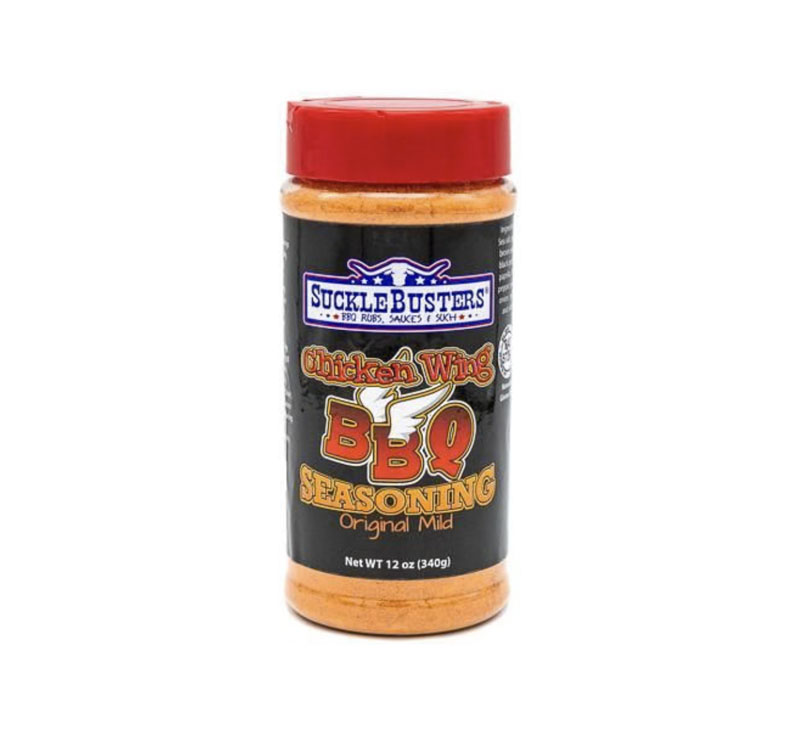 SuckleBusters Chicken Wing Seasoning jar showing seasoning mix granules and label