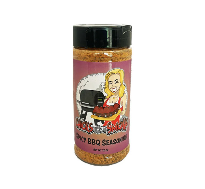 SuckleBusters Chicks That Smoke BBQ Rub jar with seasoning granules of sugar, pepper and paprika visible