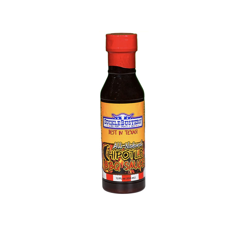 Bottle of SuckleBusters Chipotle BBQ Sauce 12 oz with label visible and dark red sauce inside