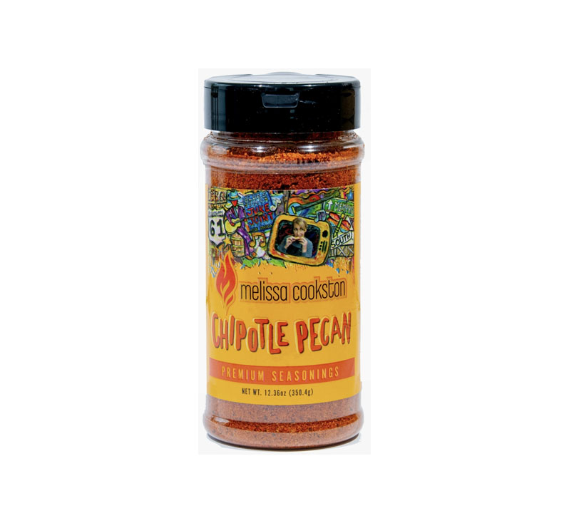 Melissa Cookston Chipotle Pecan Rub (16 oz) – pecan-nutty and chipotle-smoked seasoning bottle
