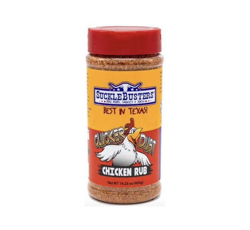 SuckleBusters Clucker Dust Chicken Rub jar with label and seasoning granules visible